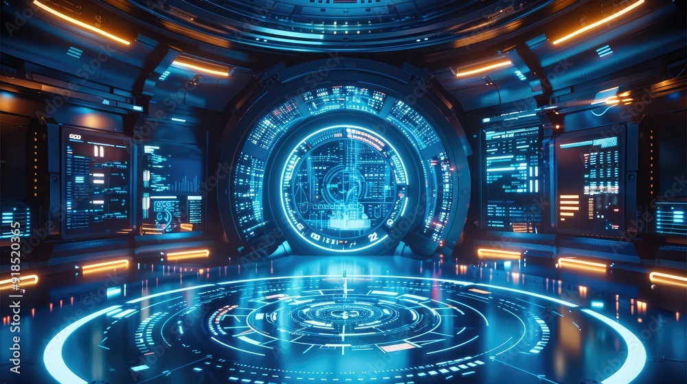 A large round room with an illuminated floor, futuristic digital blue background with glowing lines and circles on the ground and screens on the walls. Generative AI. A large round room with an illuminated floor, futuristic digital blue background with glowing lines and circles on the ground and screens on the walls. Generative AI.