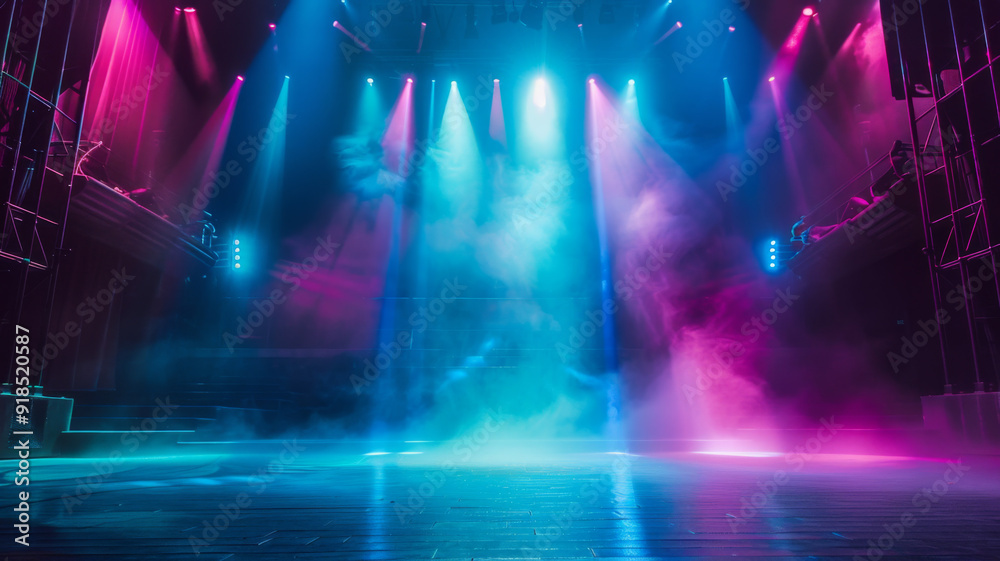 Naklejka premium Empty Stage Illuminated with Blue and Pink Spotlights and Smoke
