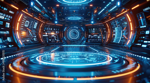 A large round room with an illuminated floor, futuristic digital blue background with glowing lines and circles on the ground and screens on the walls. Generative AI.