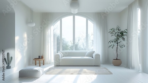 White living room decoration looking minimalist, white tone ambience with raw neutral lighting. Generative AI.