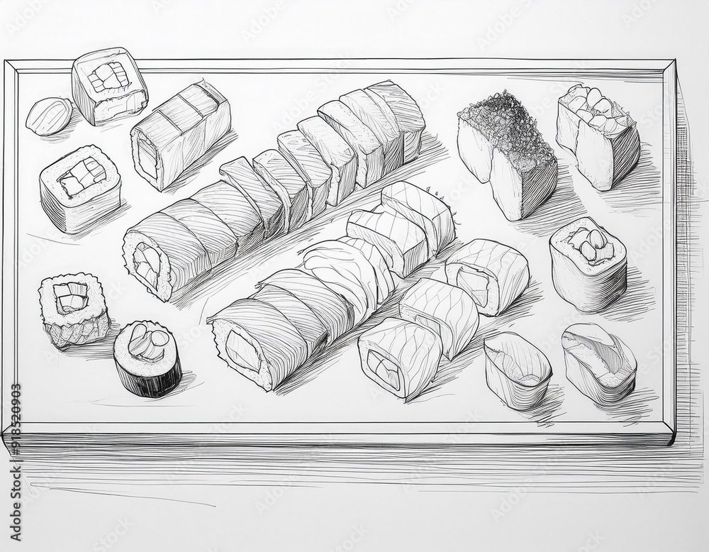 dessin d'un plateau de sushis et makis au crayon de papier en ia Stock