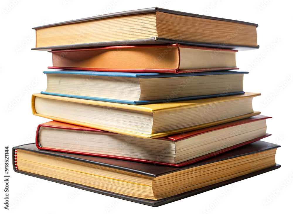 Stack of colorful hardcover books in a vertical pile isolated on transparent background Stack of colorful hardcover books in a vertical pile isolated on transparent background