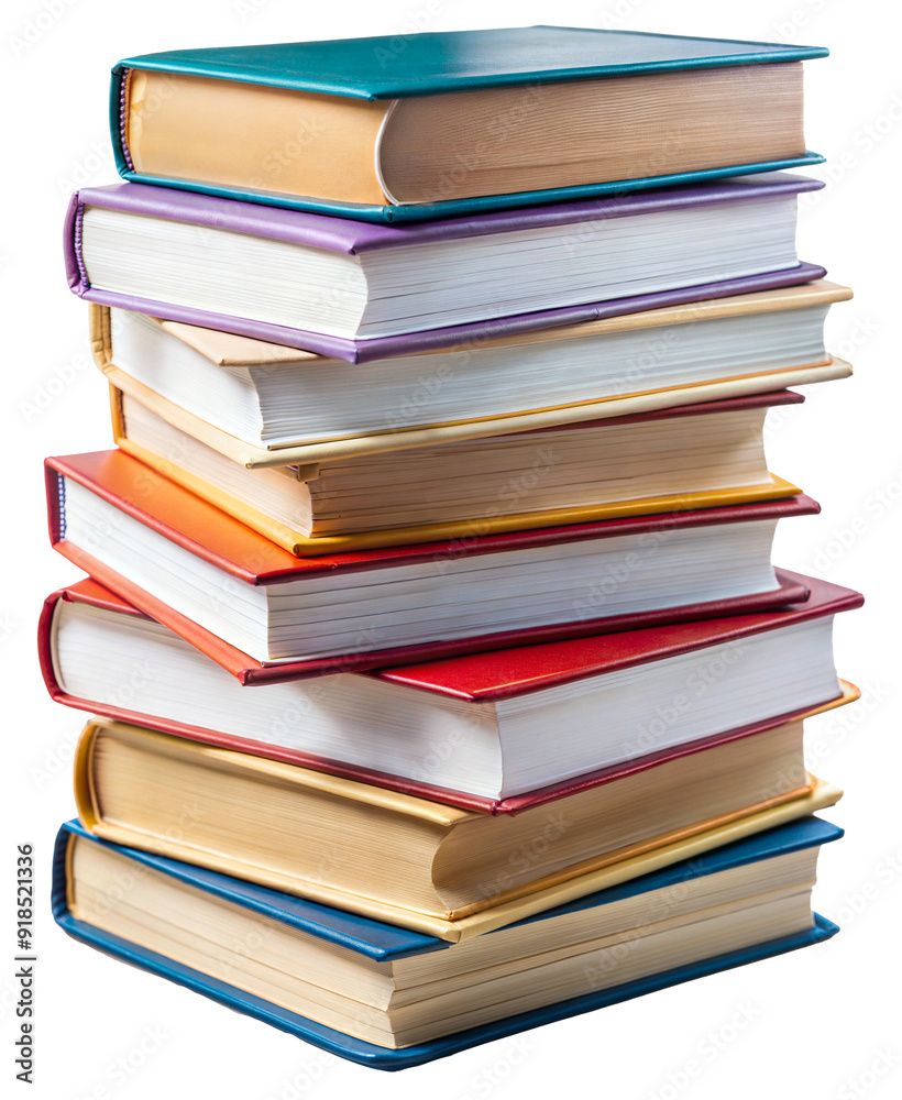 Stack of colorful hardcover books in a vertical pile isolated on transparent background Stack of colorful hardcover books in a vertical pile isolated on transparent background