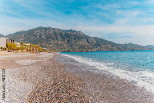 Kalamata Marina port. Blue long beach in Messenia, Peloponnese, Greece photo