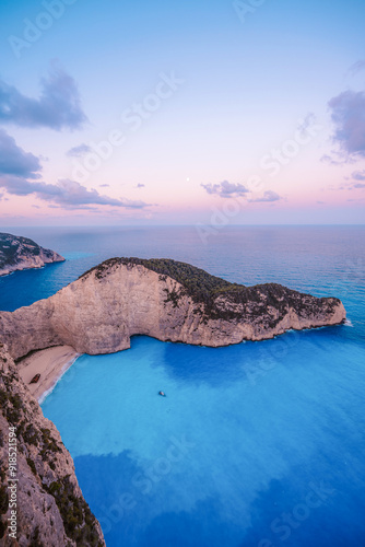 Zakynthos, Greece. Navagio Beach with wrecked ship in Ionian Sea. Beautiful views of azure sea water and nature with cliffs cave.