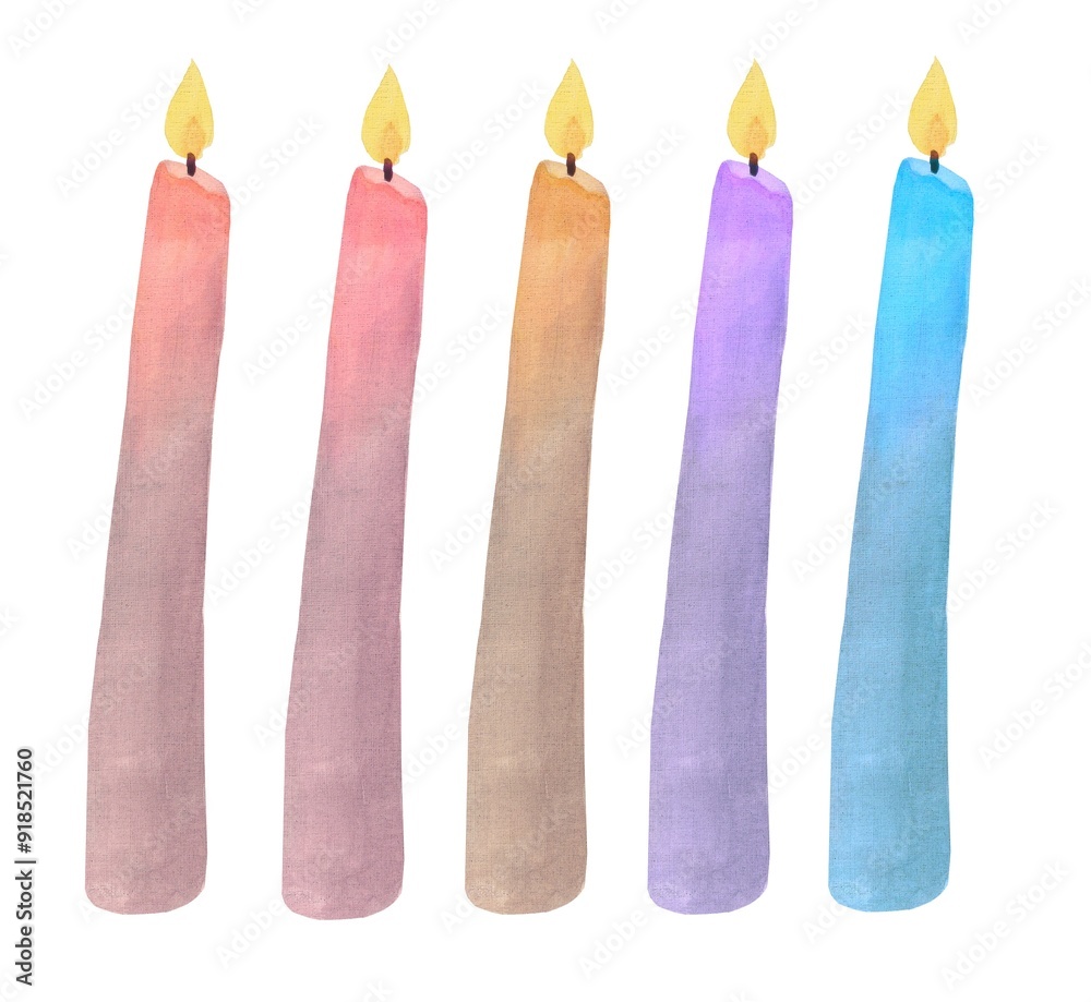 Set of Wax Candles with Candlelight. Hand drawn watercolor illustration of vintage light for cozy interior. Set of Wax Candles with Candlelight. Hand drawn watercolor illustration of vintage light for cozy interior.