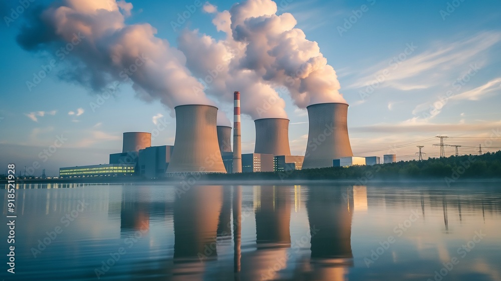 power plant with massive turbines generating electricity and steam rising power plant with massive turbines generating electricity and steam rising