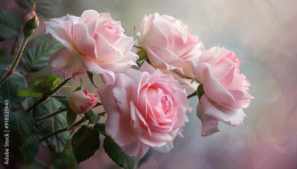 Delicate pink roses in bloom with soft, dreamy lighting.