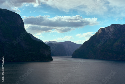 Naeroeyfjorden Fjord from the Norwegian Scenic Route of the Aurlandsfjellet Mountains in June.