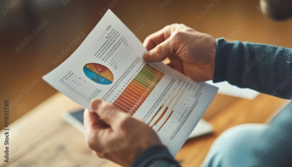 Naklejka premium Closeup of man's hands reviewing financial documents with charts and graphs.