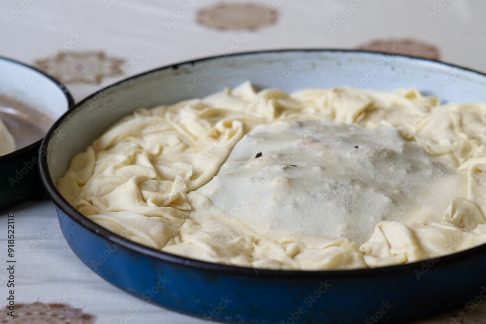 Raw pie dough in a pan ready for baking Raw pie dough in a pan ready for baking