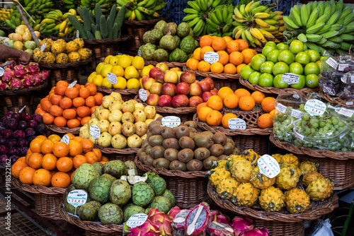 Fresh exotic fruits on famous market in Funchal Mercado dos Lavradores Madeira island.