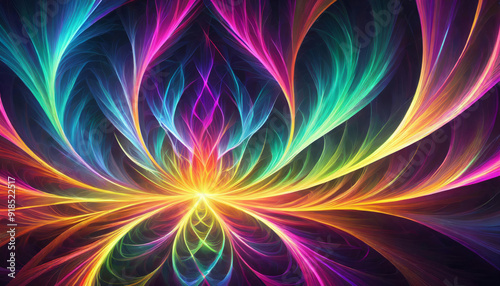 Shiny colorful digital psychedelic abstract neon fractal art wallpaper on black background, glowing multicolor feather shapes and branched organic textures, rainbow colored frequency energy universe.
