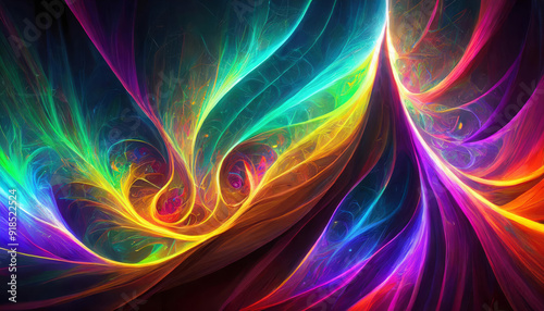 Shiny colorful digital psychedelic abstract neon fractal art wallpaper on black background, glowing multicolor feather shapes and branched organic textures, rainbow colored frequency energy universe.