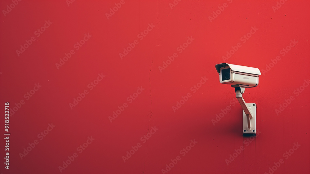 A white CCTV camera mounted on a plain red wall illustrating security measures in a minimalist setting A white CCTV camera mounted on a plain red wall illustrating security measures in a minimalist setting