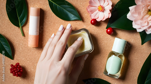 Hand applying balm surrounded by natural skincare products and flowers. photo