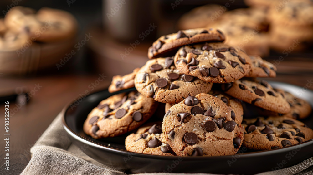 A Stack of Soft, Chewy Chocolate Chip Cookies on a Black Plate A Stack of Soft, Chewy Chocolate Chip Cookies on a Black Plate