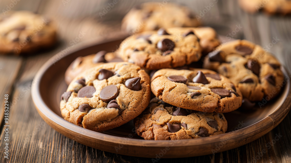 A plate of freshly baked chocolate chip cookies A plate of freshly baked chocolate chip cookies