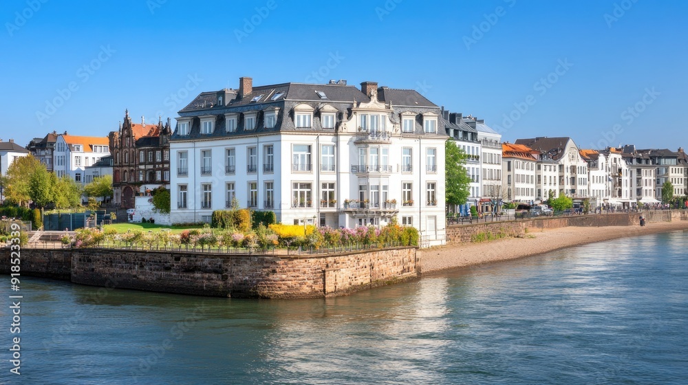 A picturesque castle sits gracefully on a rocky outcrop beside the Rhine, surrounded by lush greenery and mountains under a vibrant blue sky A picturesque castle sits gracefully on a rocky outcrop beside the Rhine, surrounded by lush greenery and mountains under a vibrant blue sky