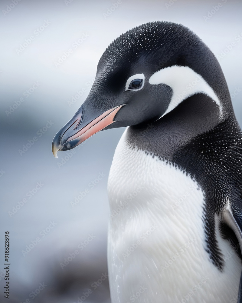 Naklejka premium A close-up portrait of an Adelie penguin standing on an icy shoreline,