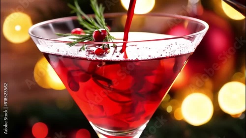 Festive Christmas cocktail in a martini glass, garnished with pomegranate and rosemary, set against a backdrop of holiday lights.