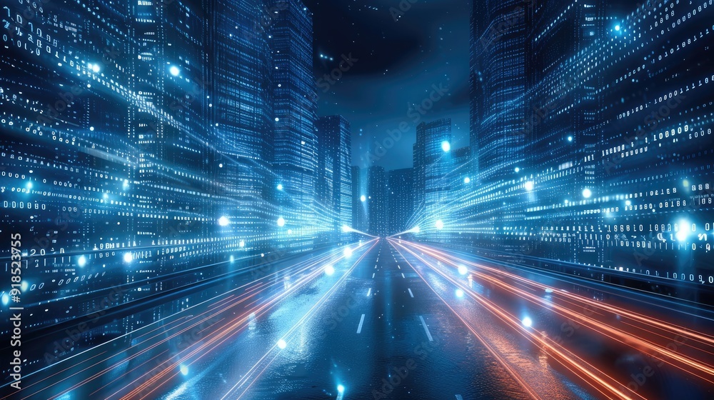 A digital cityscape made of binary code, with light trails representing cars moving through the streets, symbolizing urban technology and innovation. the glowing white lines of data streams in motion. A digital cityscape made of binary code, with light trails representing cars moving through the streets, symbolizing urban technology and innovation. the glowing white lines of data streams in motion.