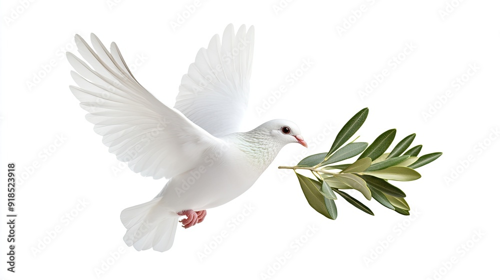 Obraz premium A white dove soars through the air, clutching a green leaf in its beak, symbolizing hope and tranquility amid a serene backdrop