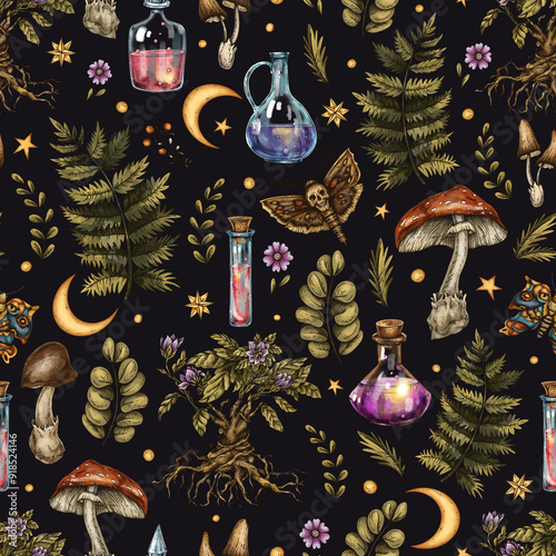 Vintage Mystical Poison Vials Seamless Pattern, Witchcraft Magic Plants