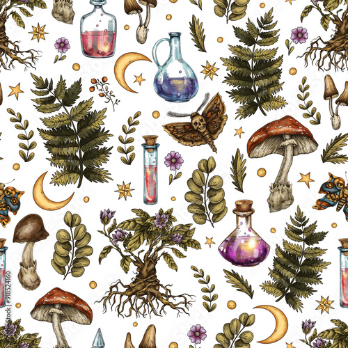 Vintage Mystical Poison Vials Seamless Pattern, Witchcraft Magic Plants