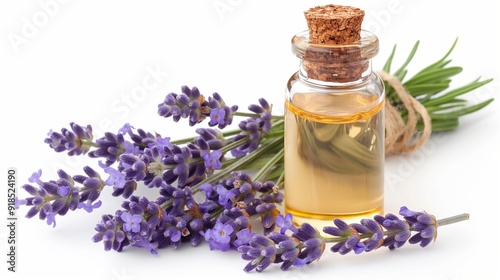 Lavender essential oil in bottle, fresh flowers and leaves isolated on white