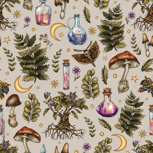 Vintage Mystical Poison Vials Seamless Pattern, Witchcraft Magic Plants
