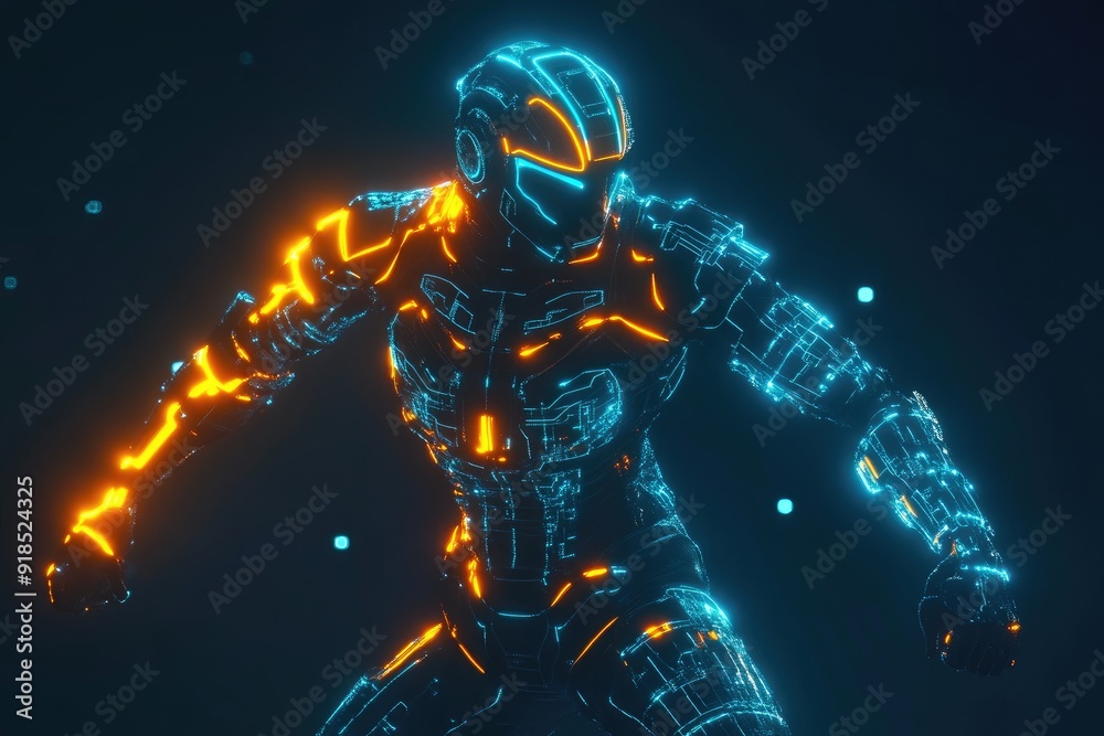 High-Tech Defender in Circuitry Armor Facing Digital Enemies High-Tech Defender in Circuitry Armor Facing Digital Enemies