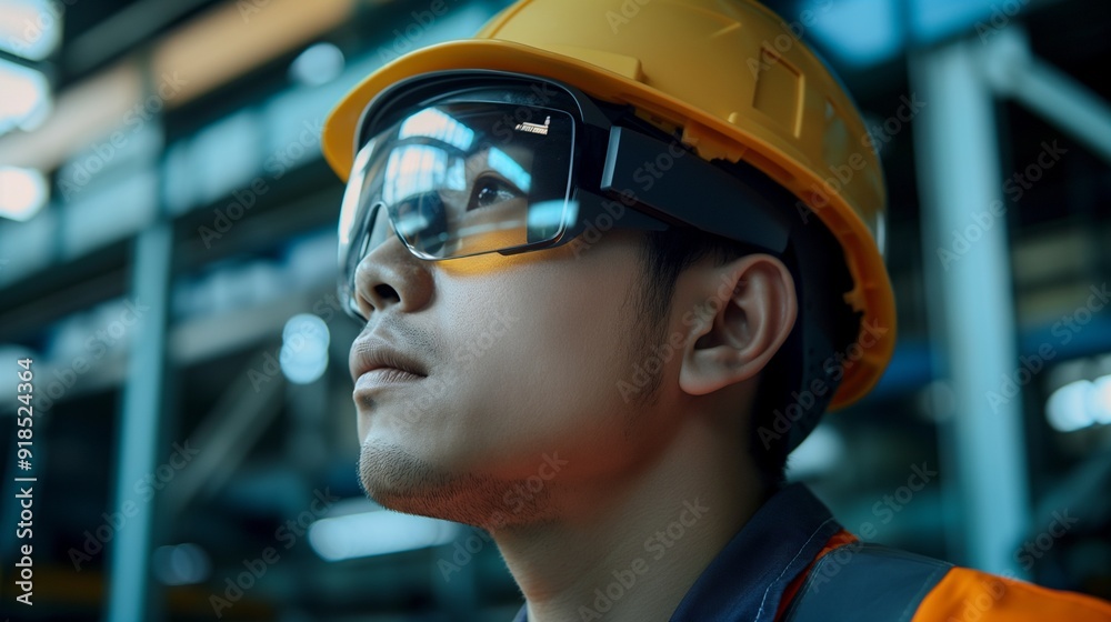 Construction inspector in a protective helmet and goggles Construction inspector in a protective helmet and goggles
