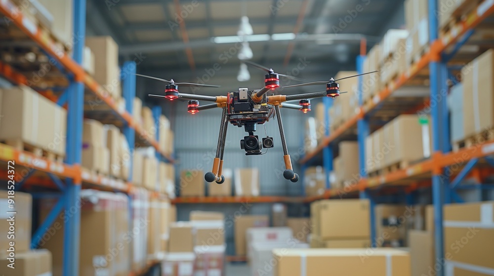 Drone delivering spare parts, autonomous, industrial, landscape Drone delivering spare parts, autonomous, industrial, landscape