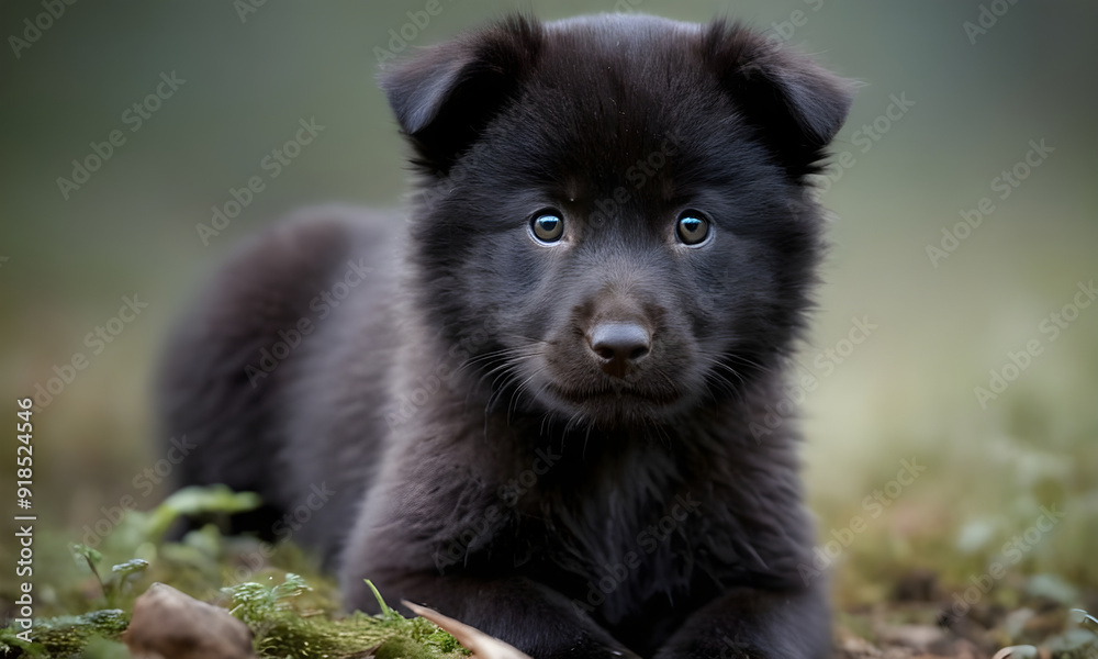 Black puppy dog lying on the ground looking Black puppy dog lying on the ground looking