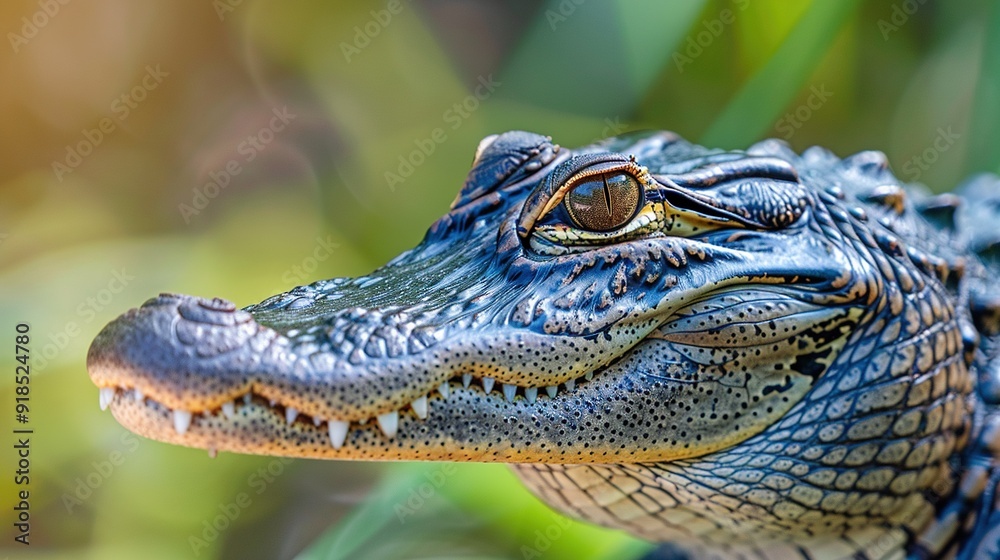Fototapeta premium A close-up shot of an alligator's face with a blurry background of lush vegetation