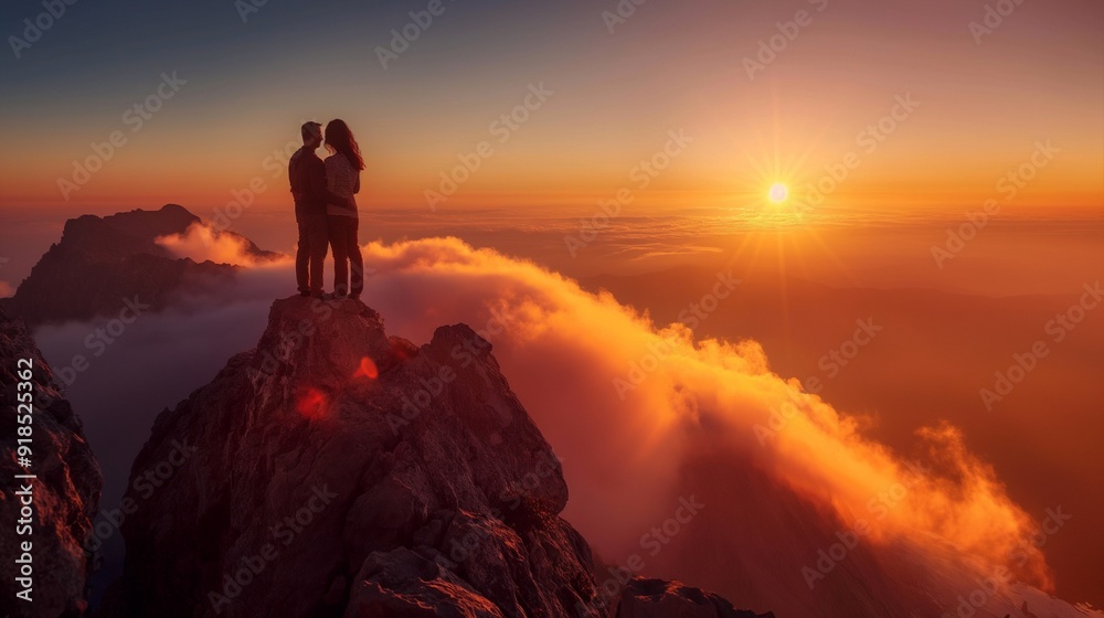 Obraz premium couple embracing as they watch the sun rise over the horizon from a mountain peak
