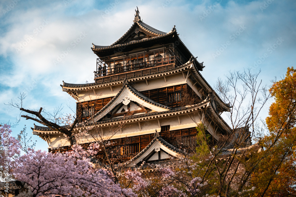 Hiroshima Castle, Golden Hour & Cherry Blossoms, Japan Hiroshima Castle, Golden Hour & Cherry Blossoms, Japan