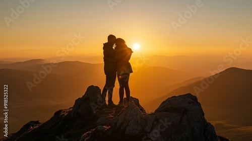 couple embracing as they watch the sun rise over the horizon from a mountain peak