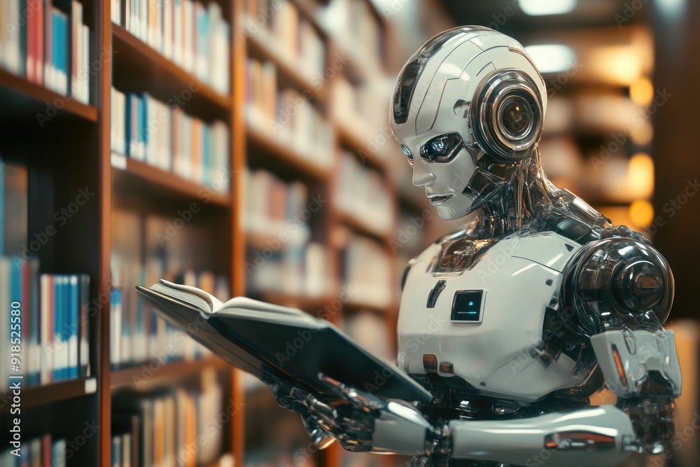 Robotic Intellectual Absorbed in Reading Within Modern Library Robotic Intellectual Absorbed in Reading Within Modern Library