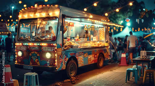 A food truck adorned with colorful string lights, selling snacks and drinks at a busy nighttime music festival, leaving ample space for text. Generative AI.