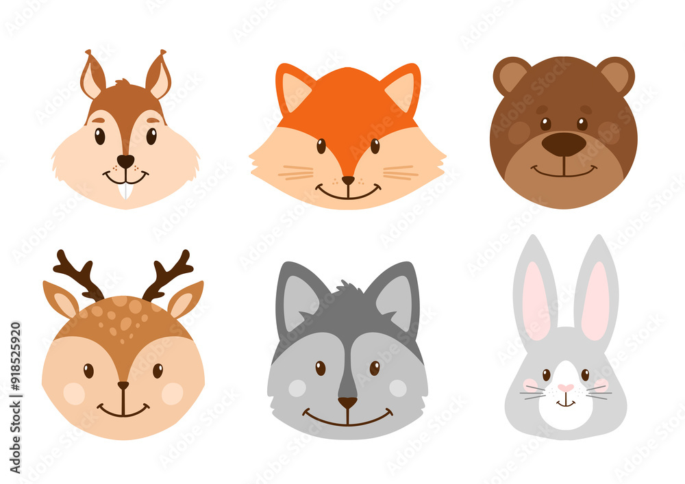 Set of cute woods animals. Forest Animals. Cute faces. Hand drawn characters. Flat style animals. Set of cute woods animals. Forest Animals. Cute faces. Hand drawn characters. Flat style animals.