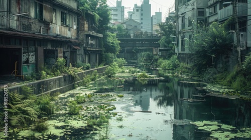 A city where people have disappeared, and everything has turned into ruins. Ponds have formed, and the area is covered in greenery. Generative AI.