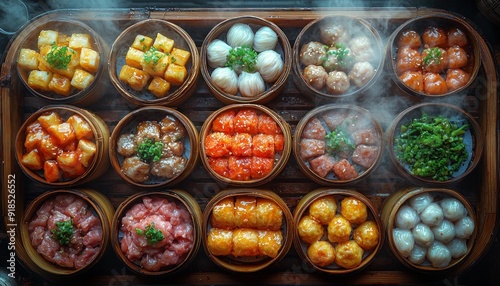 An assortment of dim sum in a bamboo dish top view