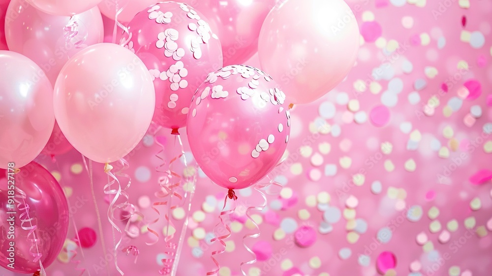 A sea of pink balloons and confetti against a vibrant pink backdrop, adorned with streamers A sea of pink balloons and confetti against a vibrant pink backdrop, adorned with streamers