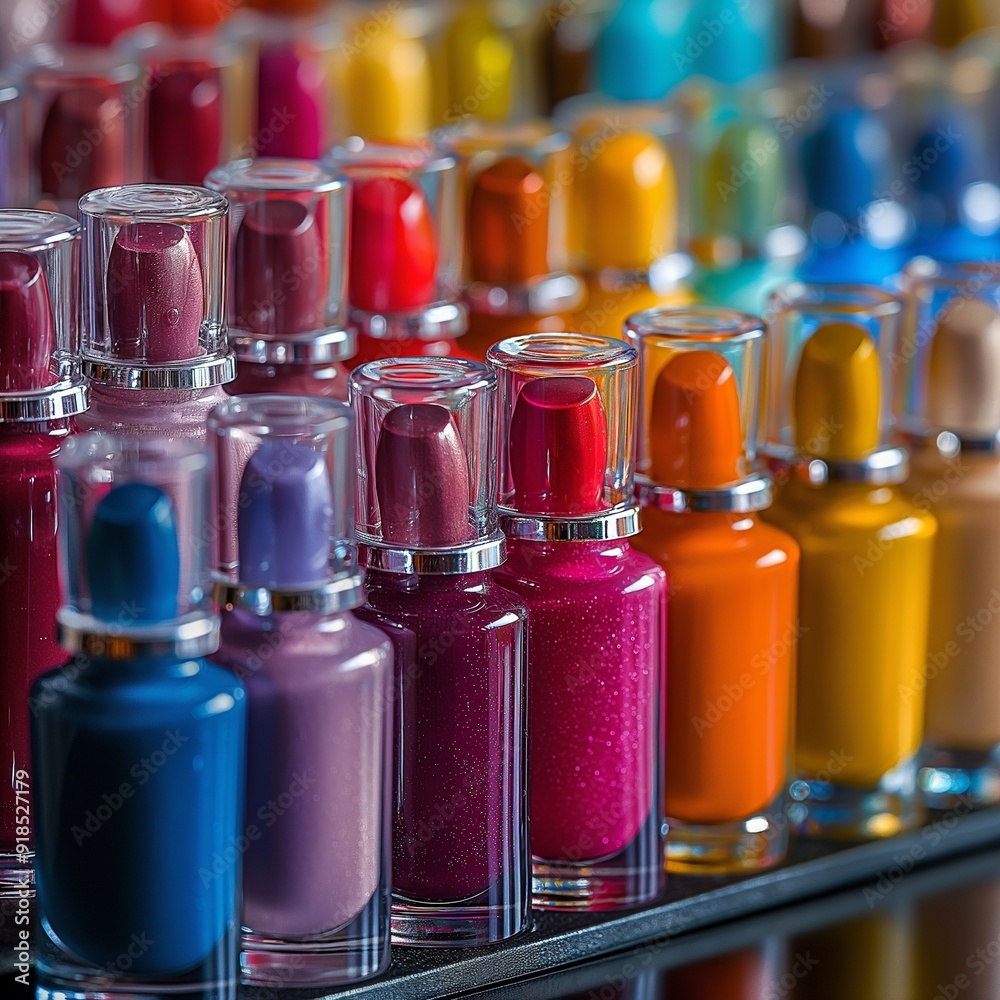 Row of nail polish bottles in different pink colors. Nail polish collection Row of nail polish bottles in different pink colors. Nail polish collection