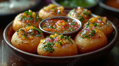 A vibrant plate of pani puri with stuffing and chutney photo