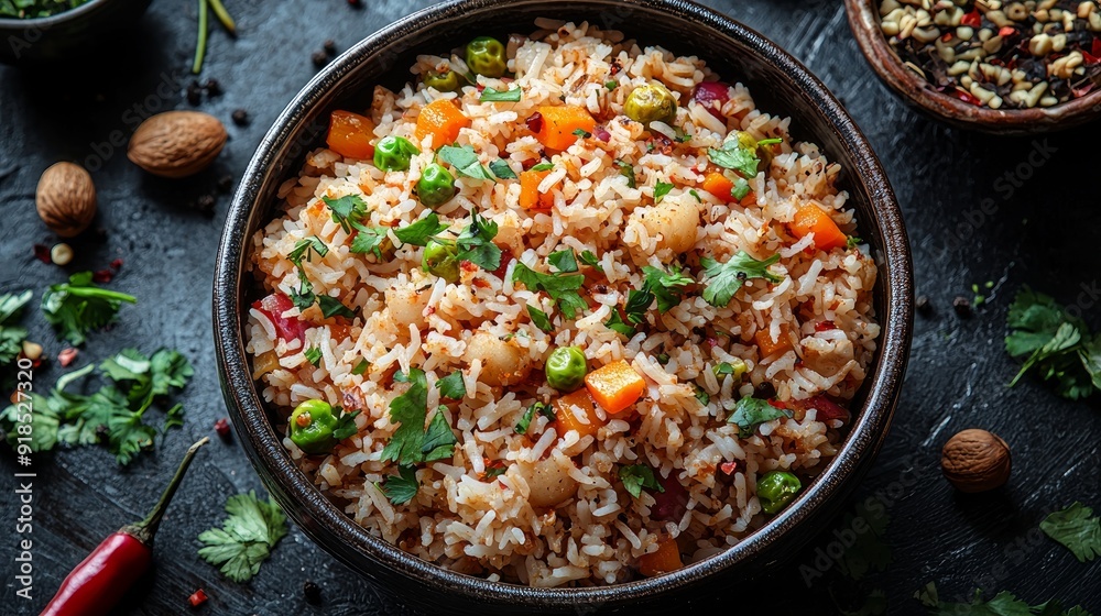 A colorful vegetable pulao with basmati rice A colorful vegetable pulao with basmati rice
