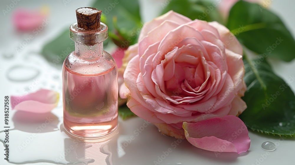Rose flowers and rose oil in glass bottles on white background Rose flowers and rose oil in glass bottles on white background