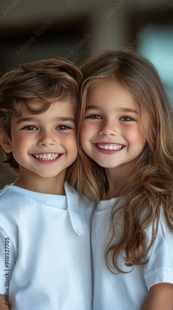 two child friends in white t shirt smiling together two child friends in white t shirt smiling together